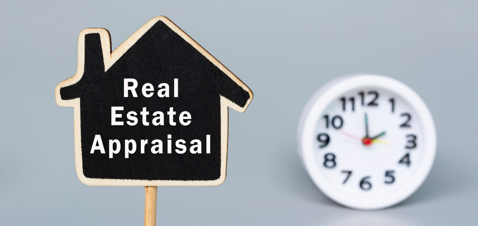 Real estate appraisal sign in front of a clock
